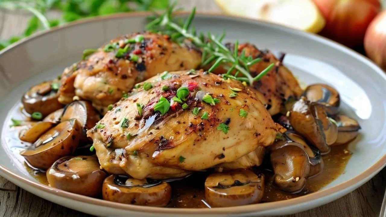 Chicken with mustard and mushrooms served in a creamy sauce.