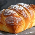 Golden Milk Brioche loaf fresh out of the oven, showcasing its soft and fluffy texture on a wooden cutting board