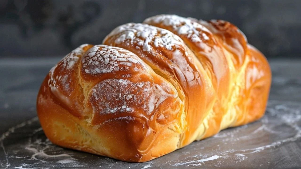 Golden Milk Brioche loaf fresh out of the oven, showcasing its soft and fluffy texture on a wooden cutting board