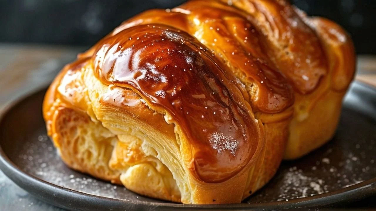 Golden Milk Brioche loaf fresh out of the oven, showcasing its soft and fluffy texture on a wooden cutting board