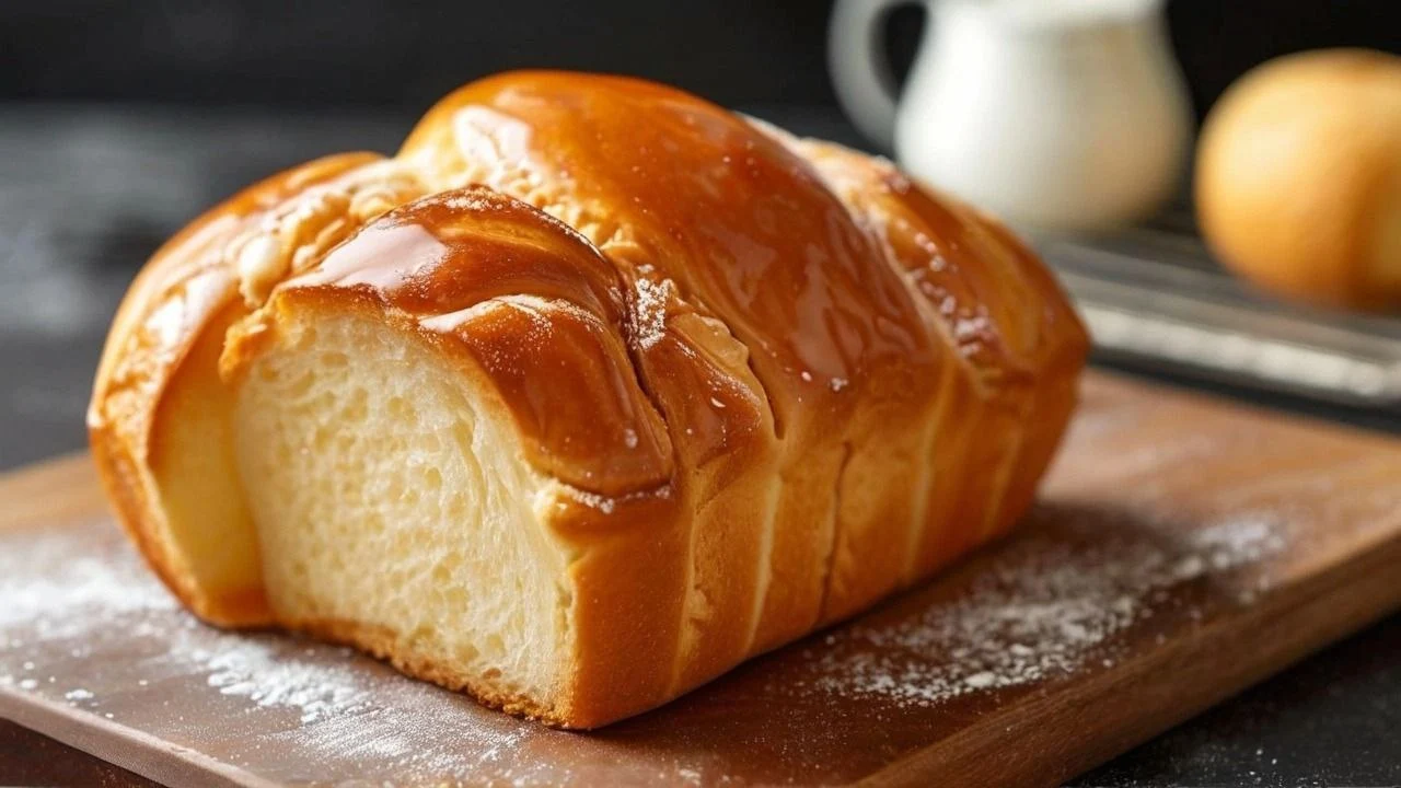 Golden Milk Brioche loaf fresh out of the oven, showcasing its soft and fluffy texture on a wooden cutting board