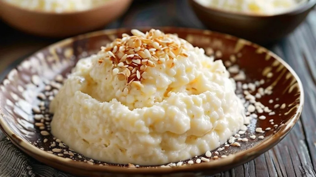 Creamy rice pudding served in a bowl with cinnamon sprinkled on top.