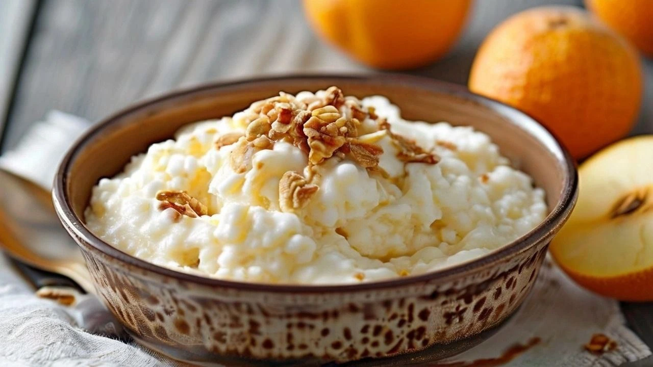 Creamy rice pudding served in a bowl with cinnamon sprinkled on top.