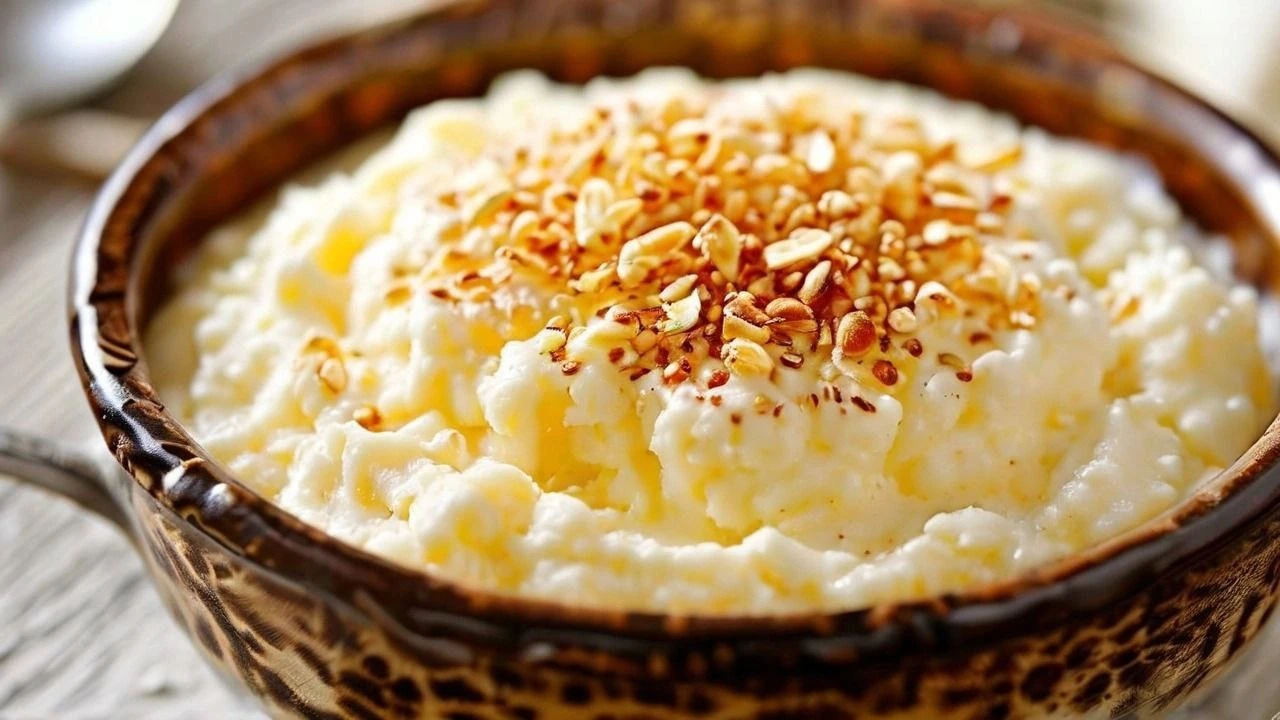 Creamy rice pudding served in a bowl with cinnamon sprinkled on top.