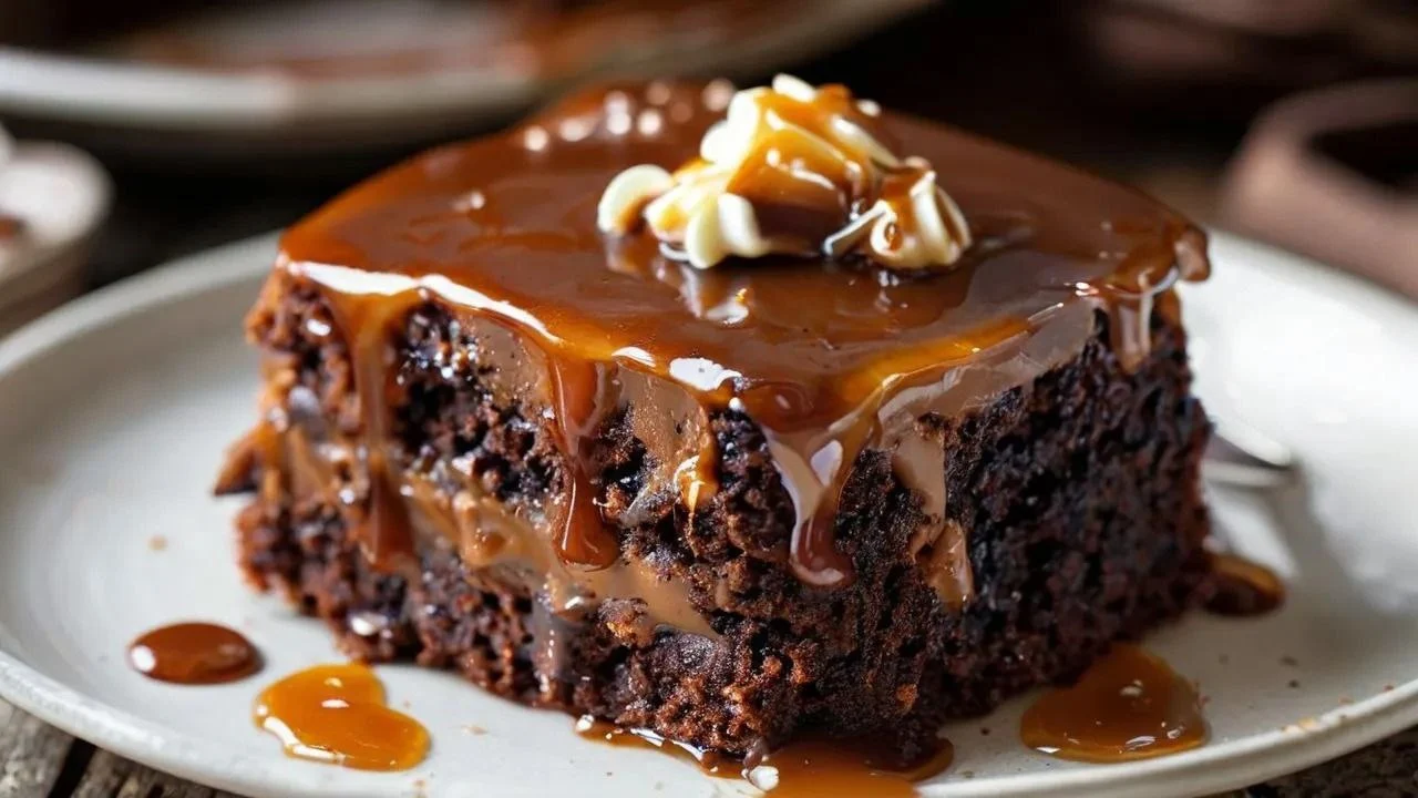 Sticky toffee pudding cake with rich caramel sauce and moist sponge