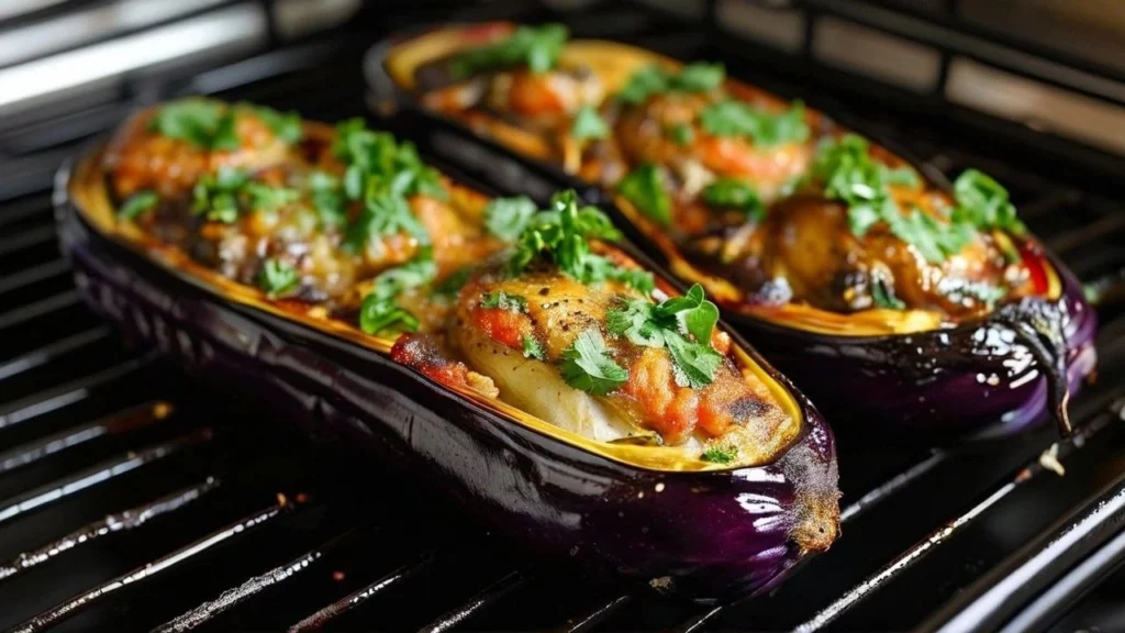 Stuffed baked eggplants filled with a savory mix of vegetables and herbs