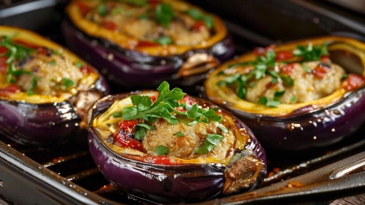 Stuffed baked eggplants filled with a savory mix of vegetables and herbs