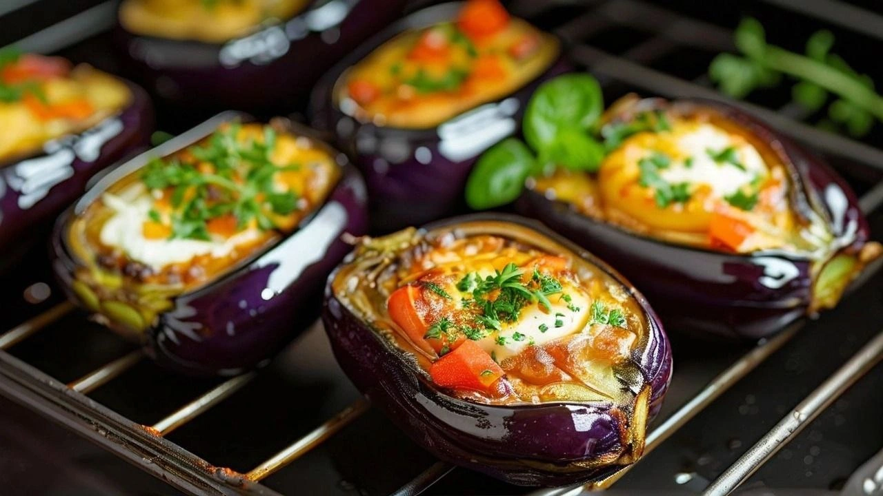 Stuffed baked eggplants filled with a savory mix of vegetables and herbs