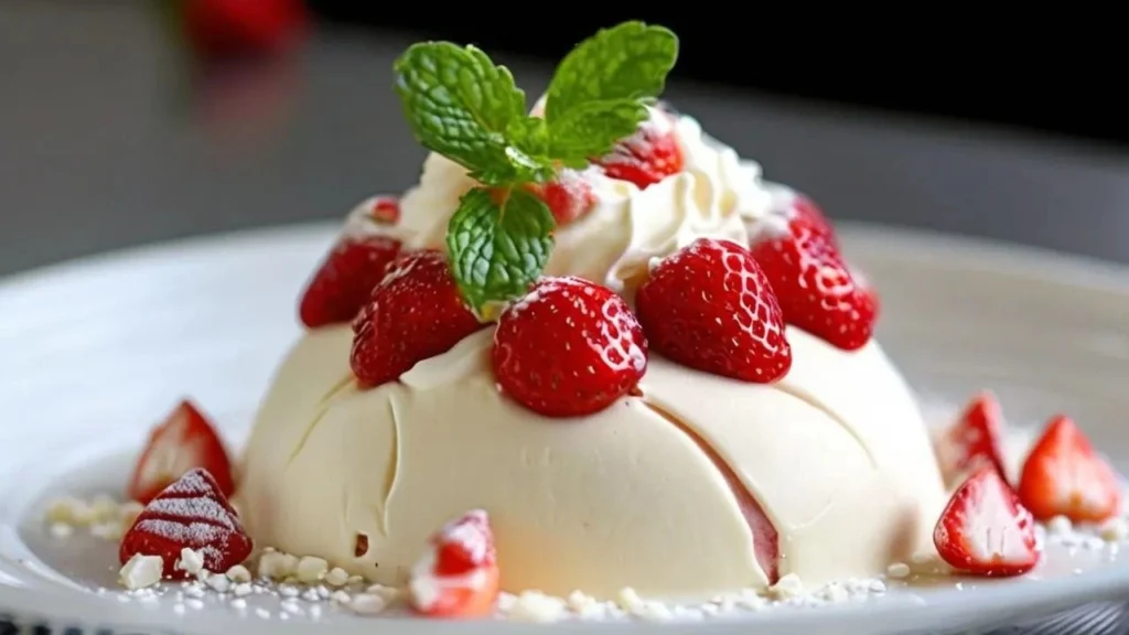 A glass of creamy white chocolate and strawberry mousse topped with fresh strawberries.