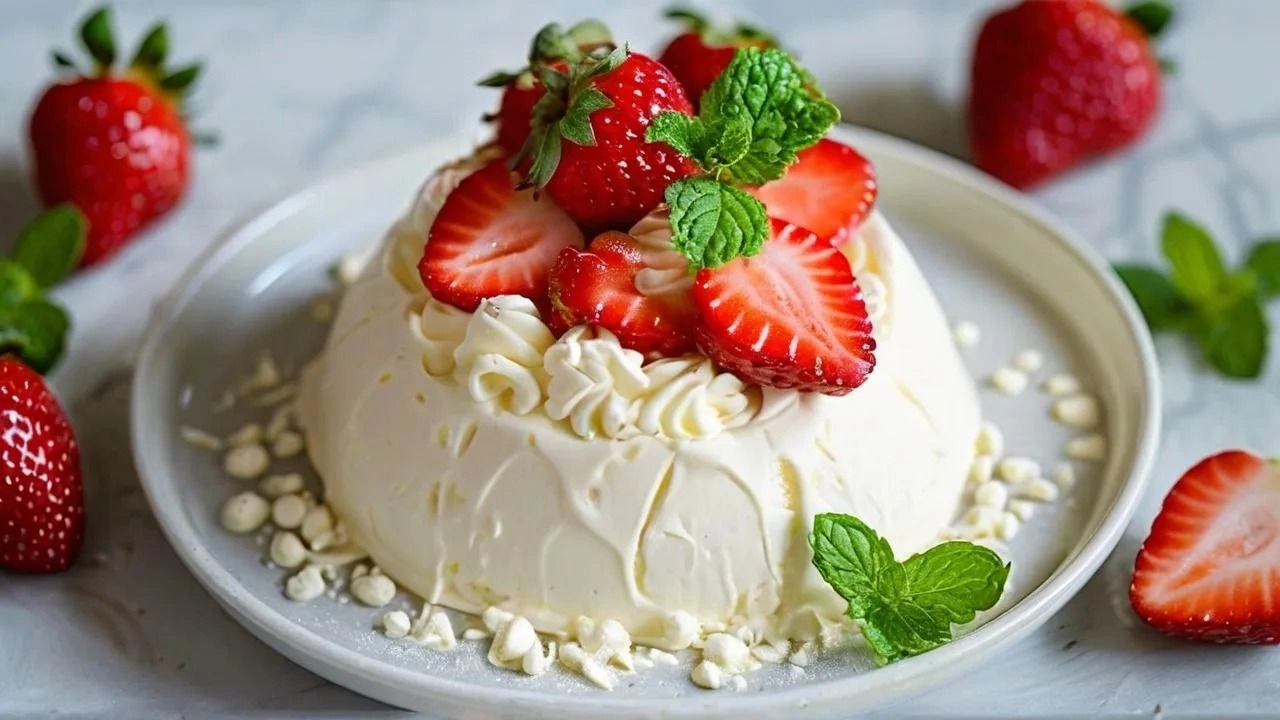 A glass of creamy white chocolate and strawberry mousse topped with fresh strawberries.