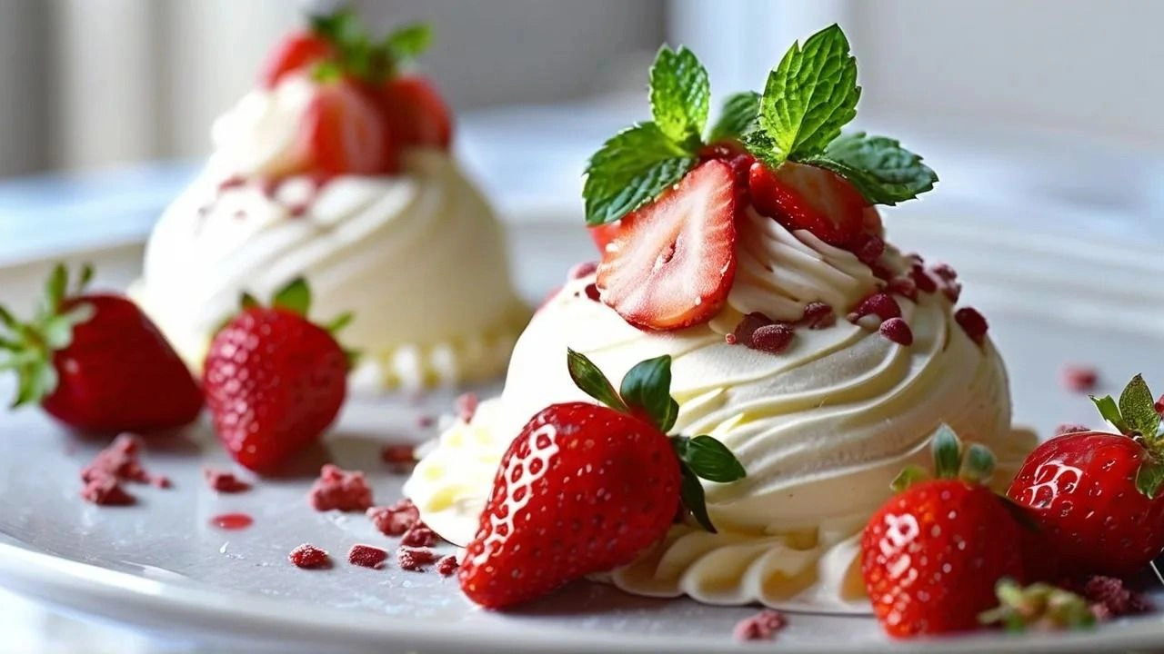 A glass of creamy white chocolate and strawberry mousse topped with fresh strawberries.