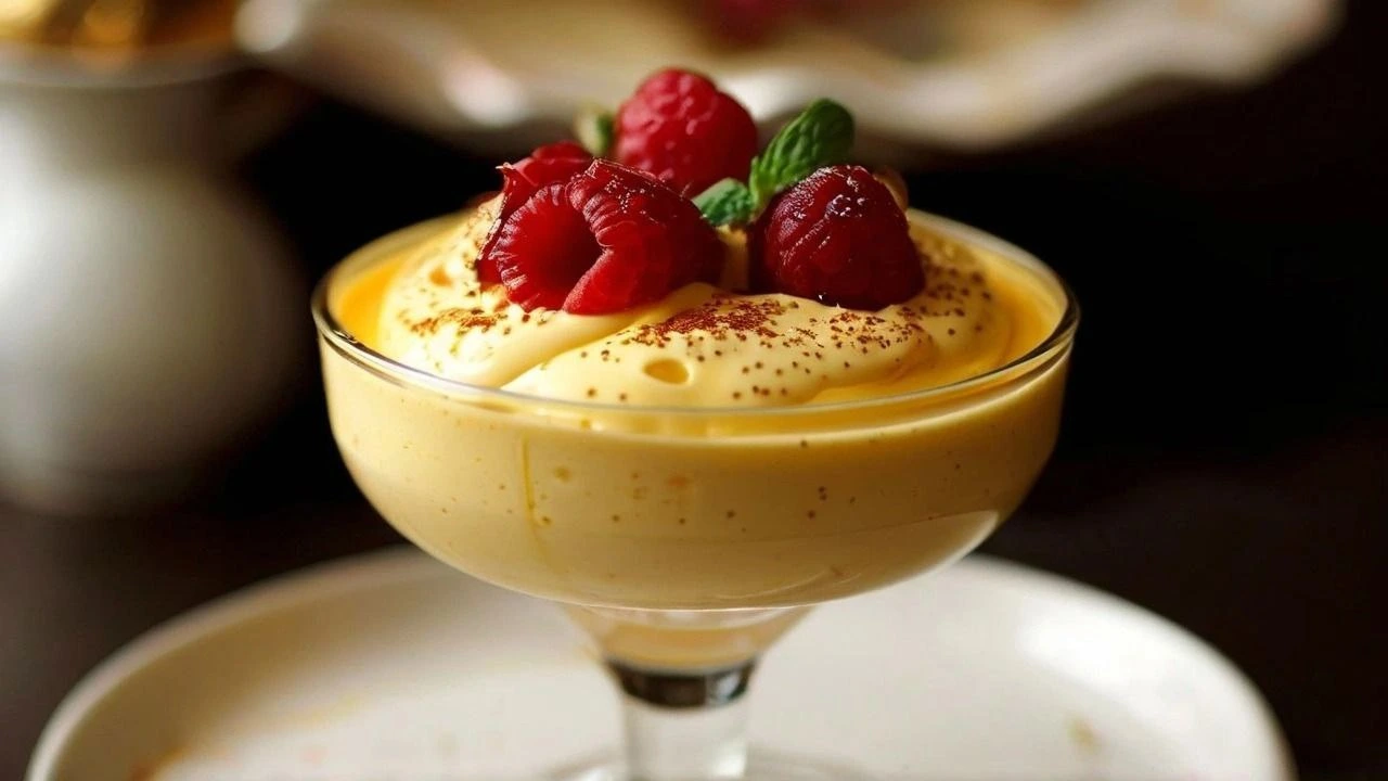 Traditional Italian zabaglione served in a glass with fresh berries and a sprig of mint.