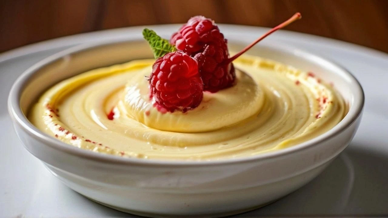 Traditional Italian zabaglione served in a glass with fresh berries and a sprig of mint.