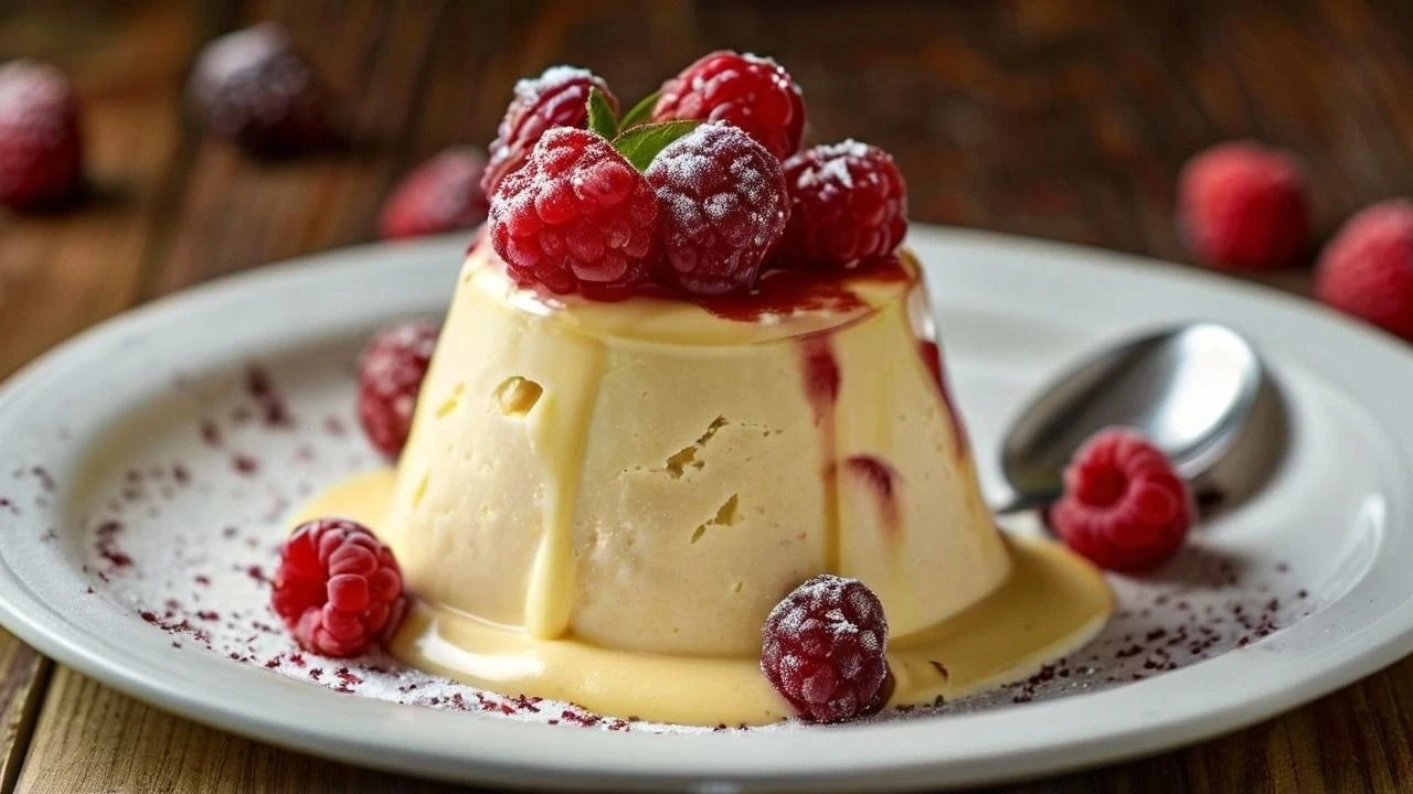 Traditional Italian zabaglione served in a glass with fresh berries and a sprig of mint.