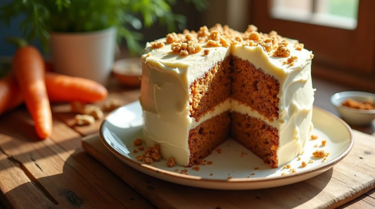 Moist and delicious carrot cake topped with cream cheese frosting, perfect for any occasion.