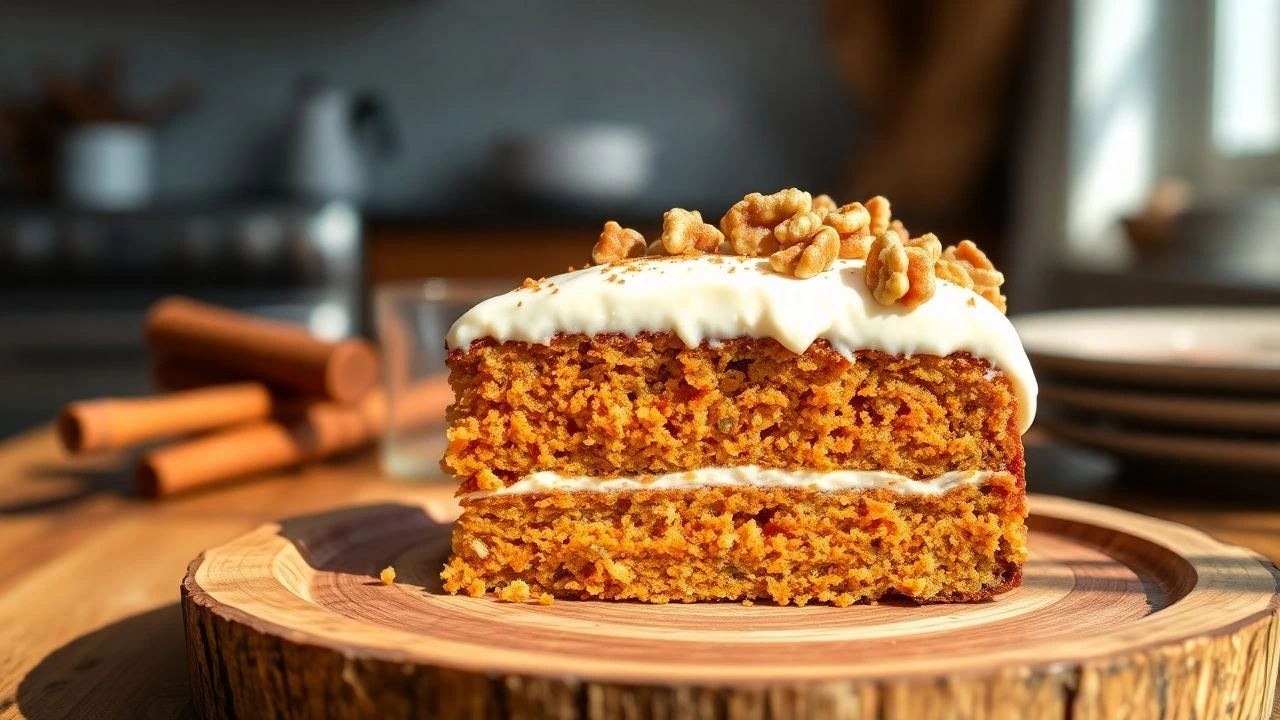 Moist and delicious carrot cake topped with cream cheese frosting, perfect for any occasion.