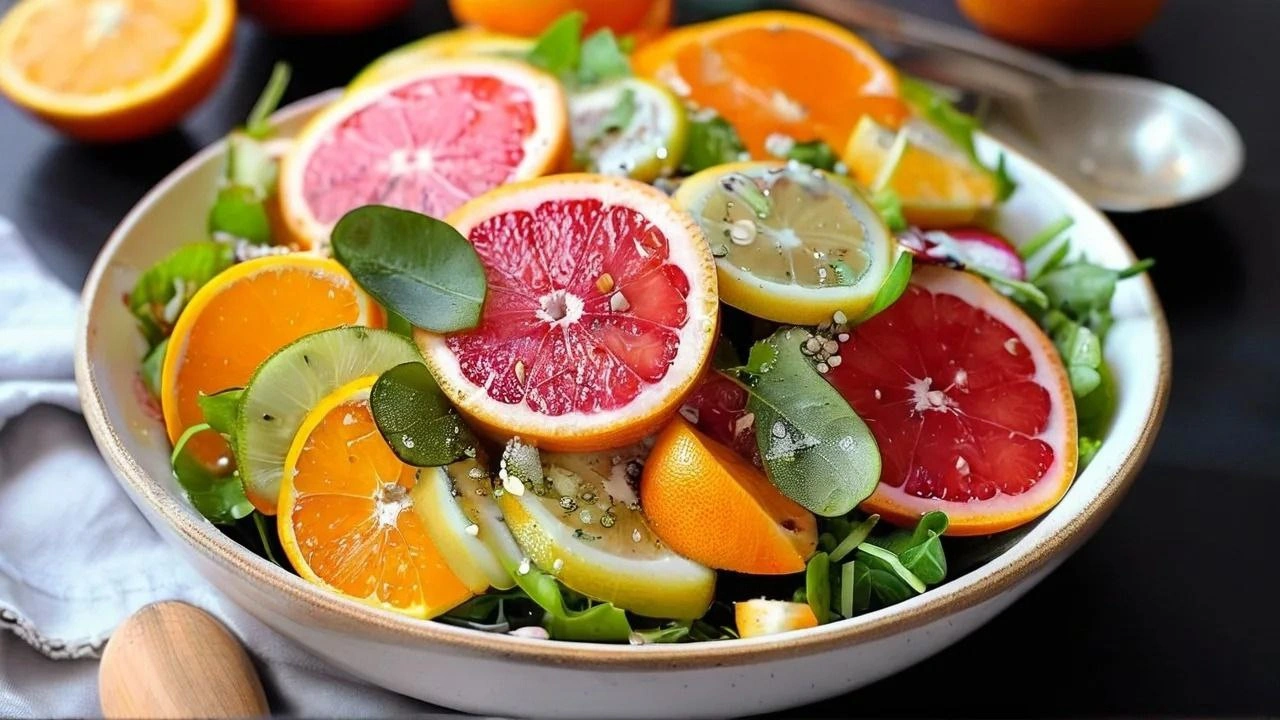 A vibrant winter citrus salad with orange, grapefruit, pomegranate, and fresh greens.