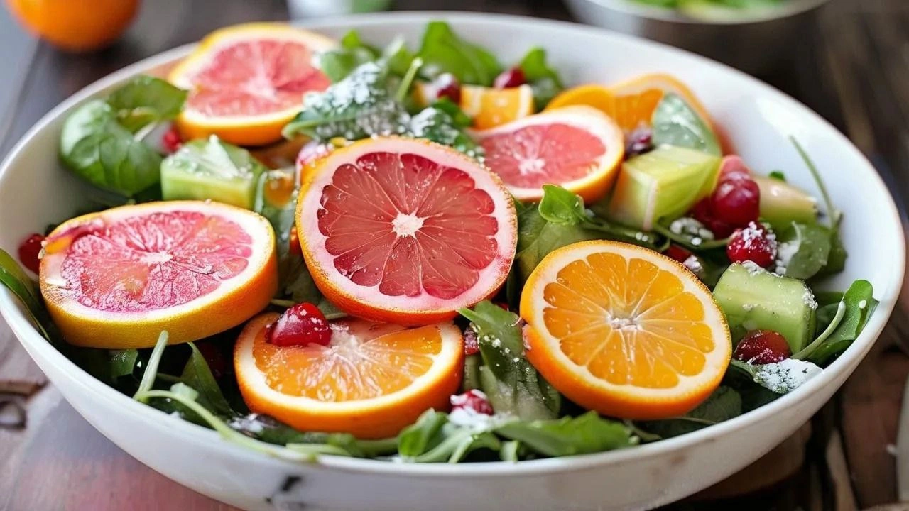 A vibrant winter citrus salad with orange, grapefruit, pomegranate, and fresh greens.