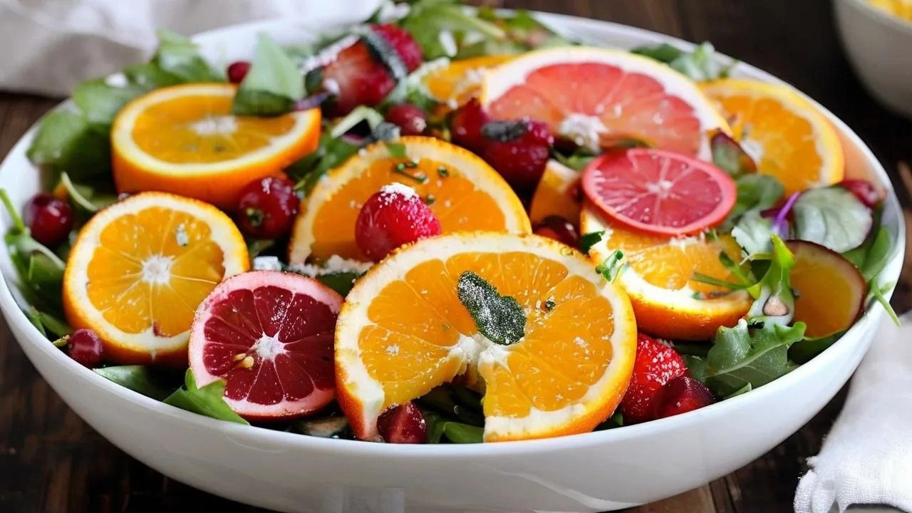 A vibrant winter citrus salad with orange, grapefruit, pomegranate, and fresh greens.