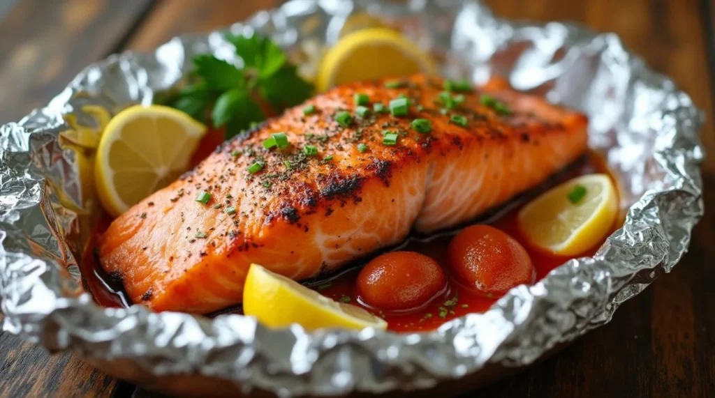 Baked salmon in foil with lemon, garlic, and herbs for a tasty and easy meal