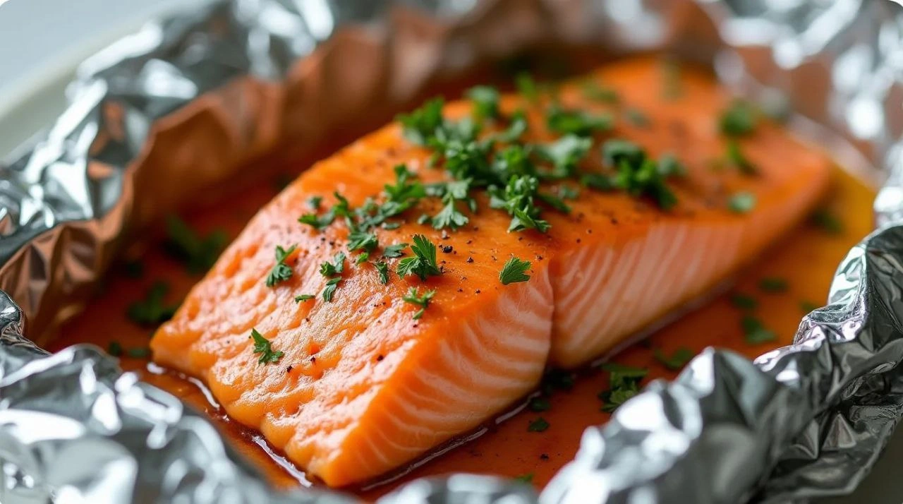 Baked salmon in foil with lemon, garlic, and herbs for a tasty and easy meal