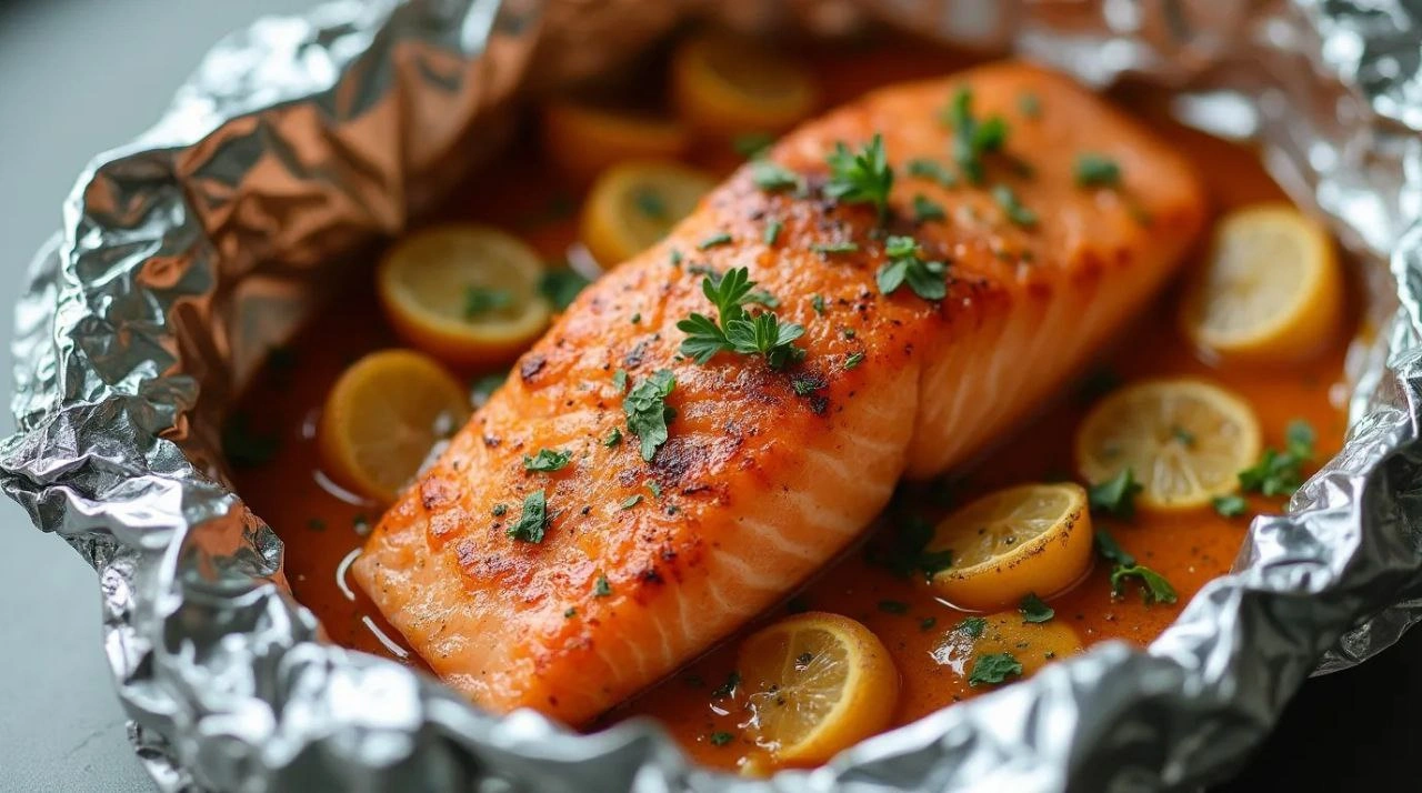 Baked salmon in foil with lemon, garlic, and herbs for a tasty and easy meal