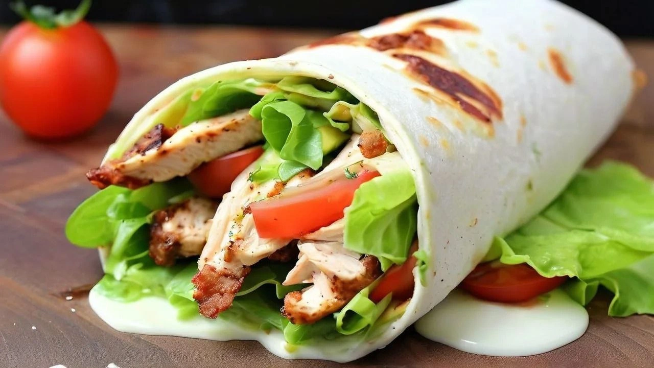 Chicken Caesar wrap with grilled chicken, crisp lettuce, and creamy dressing