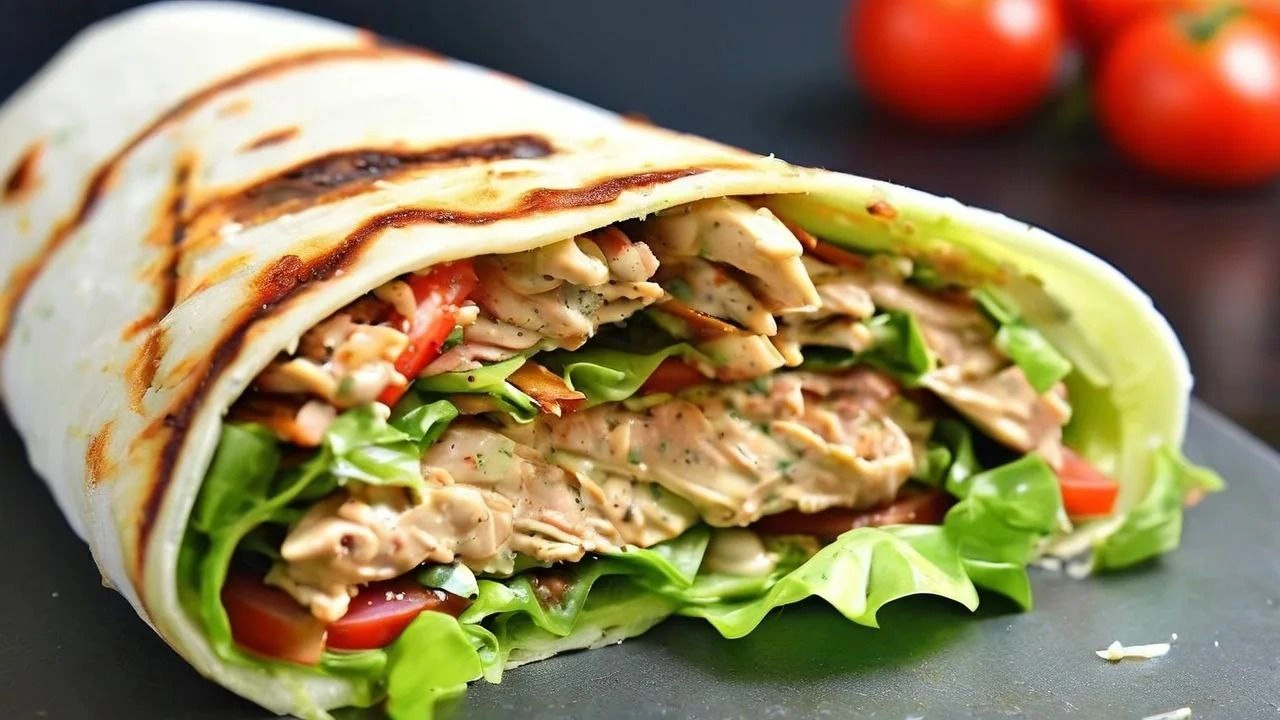 Chicken Caesar wrap with grilled chicken, crisp lettuce, and creamy dressing