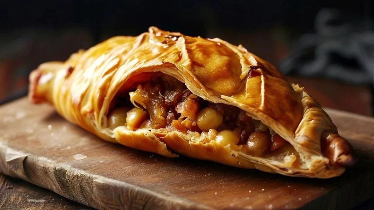 Traditional Cornish pasty with a golden, flaky crust and savory filling.