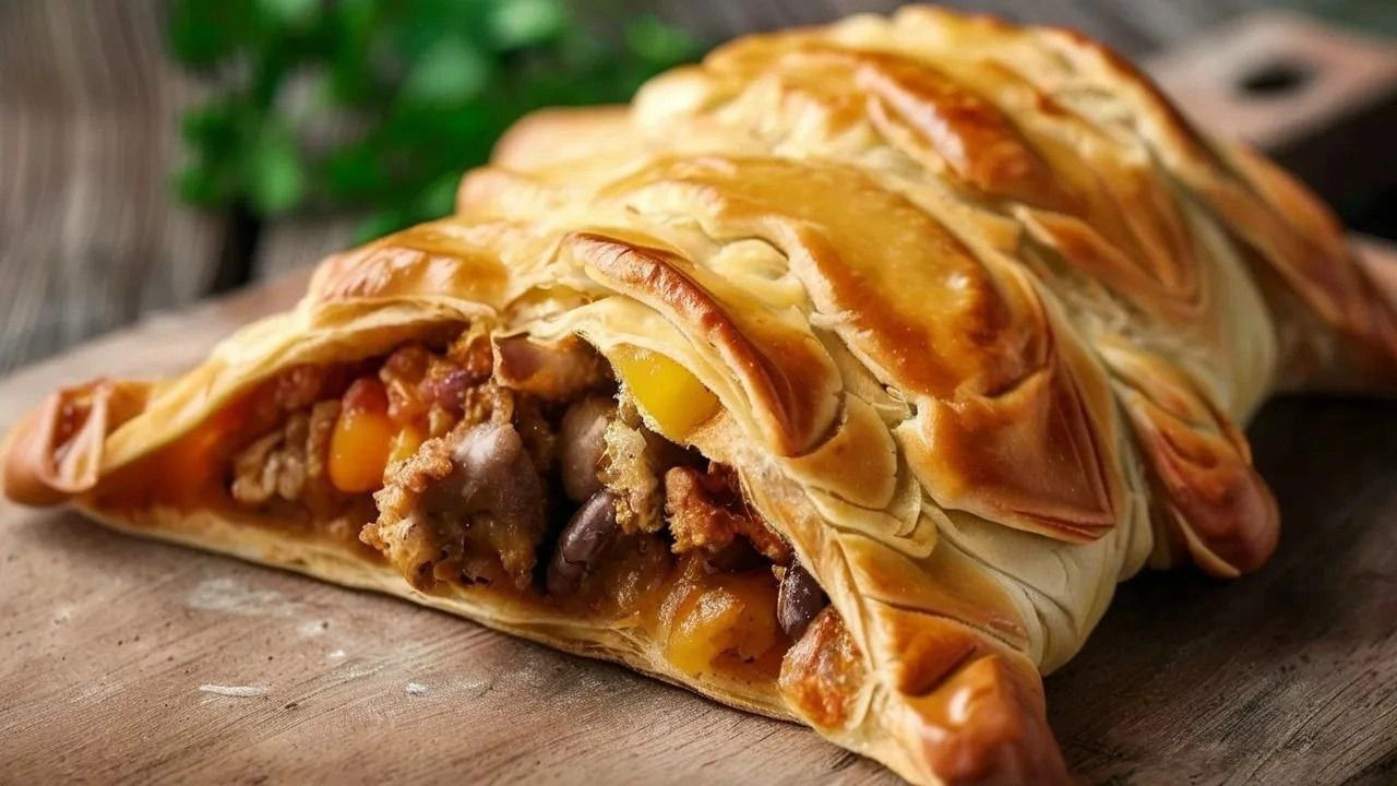 Traditional Cornish pasty with a golden, flaky crust and savory filling.