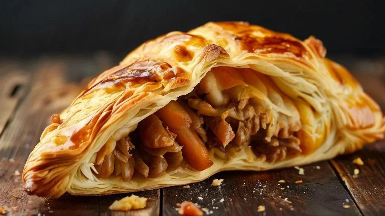 Traditional Cornish pasty with a golden, flaky crust and savory filling.