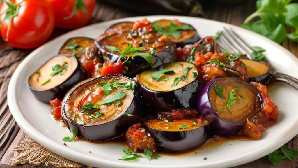 Eggplant Caponata with tomatoes, olives, and a tangy-sweet sauce.