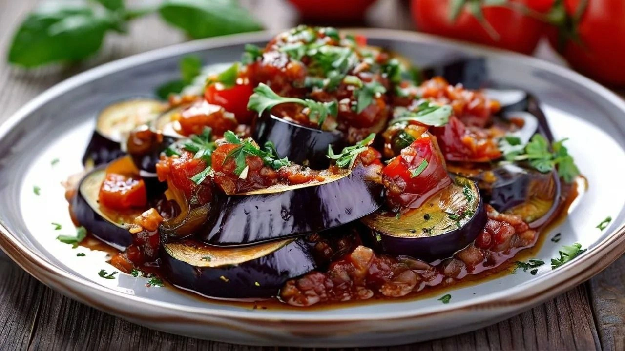 Eggplant Caponata with tomatoes, olives, and a tangy-sweet sauce.