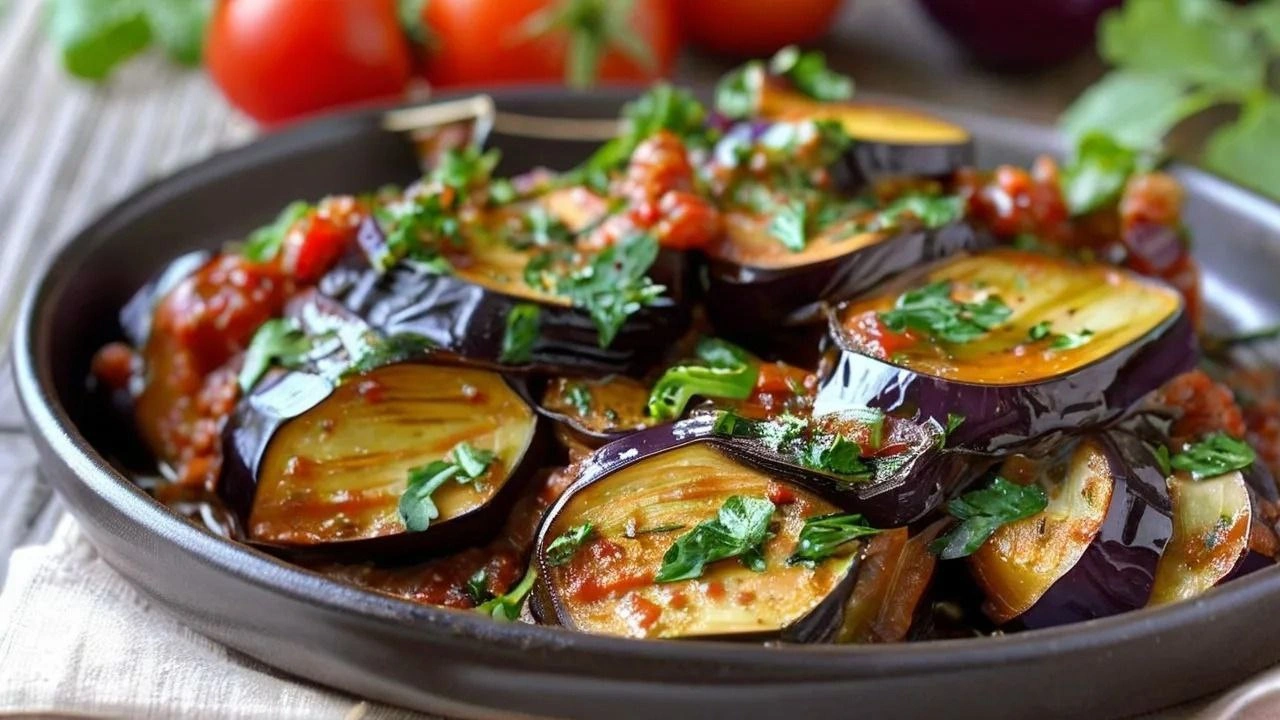 Eggplant Caponata with tomatoes, olives, and a tangy-sweet sauce.