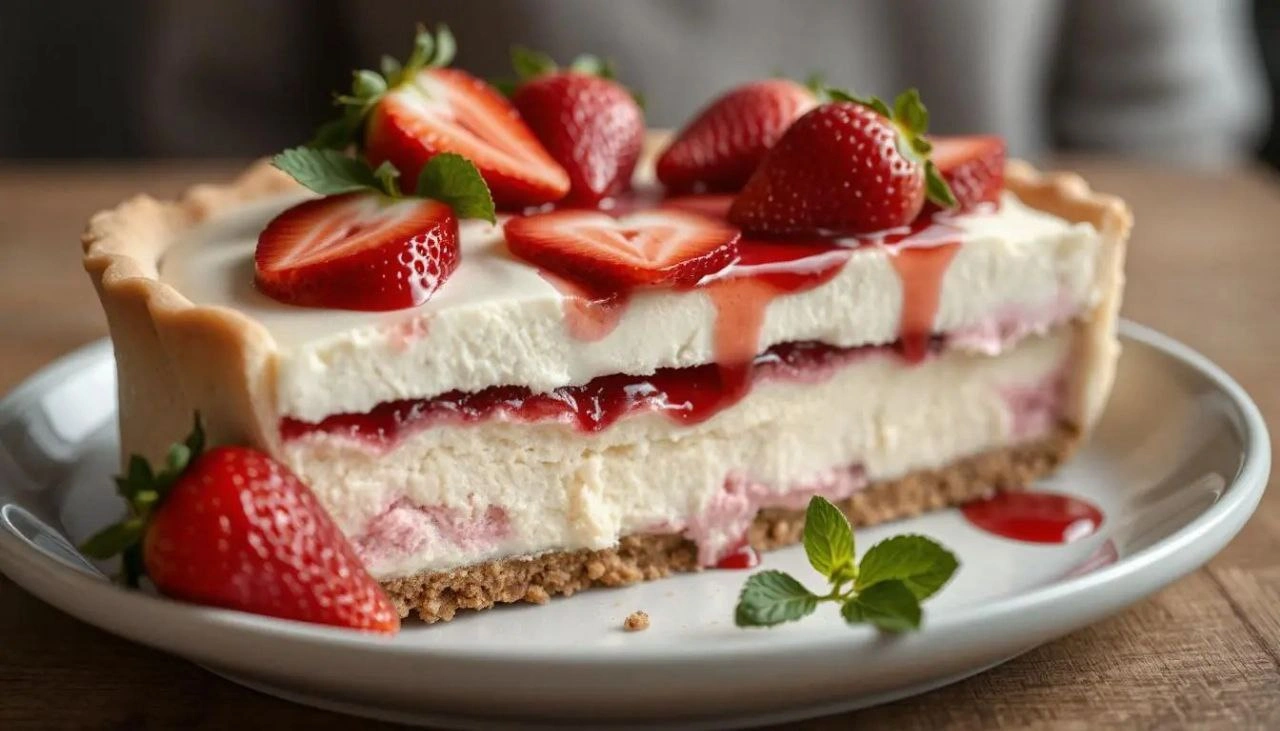 Strawberry cheesecake with a creamy filling, buttery crust, and fresh strawberries on top