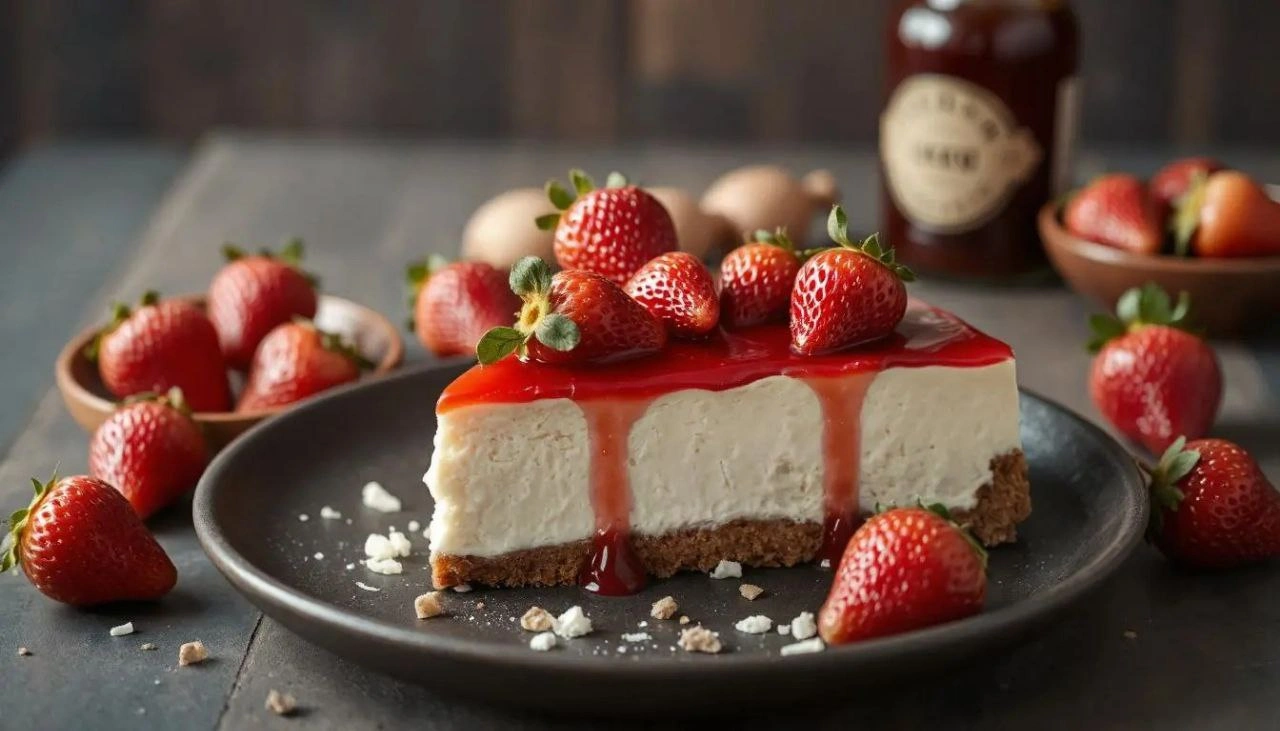 Strawberry cheesecake with a creamy filling, buttery crust, and fresh strawberries on top