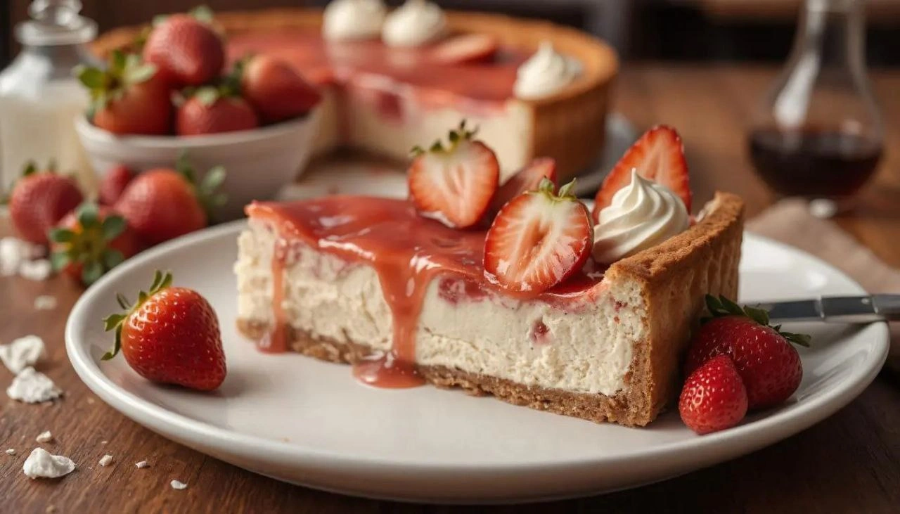 Strawberry cheesecake with a creamy filling, buttery crust, and fresh strawberries on top