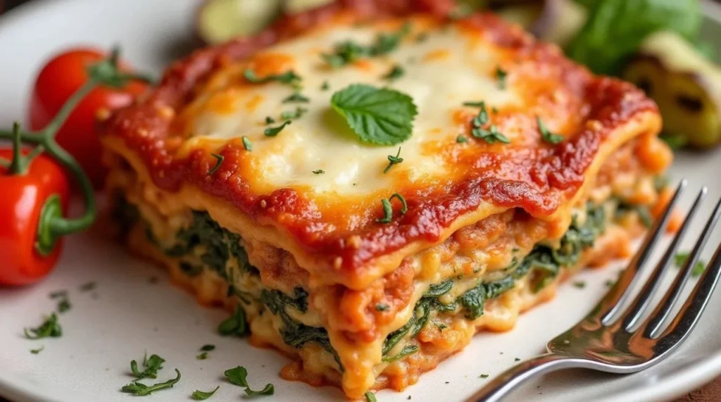 Vegetarian lasagna recipe with layers of pasta, fresh vegetables, and melted cheese