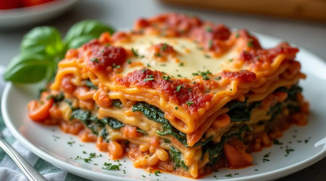 Vegetarian lasagna recipe with layers of pasta, fresh vegetables, and melted cheese