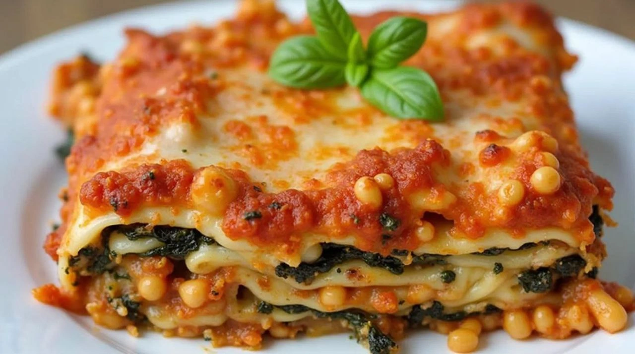 Vegetarian lasagna recipe with layers of pasta, fresh vegetables, and melted cheese