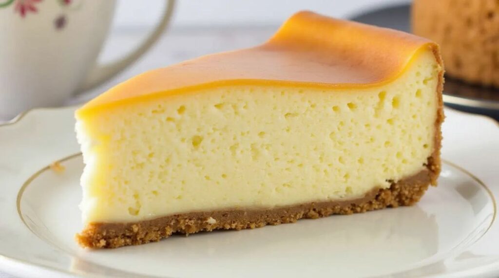 Classic New York Cheesecake with a rich, creamy texture and buttery graham cracker crust, beautifully plated for a delicious dessert experience.