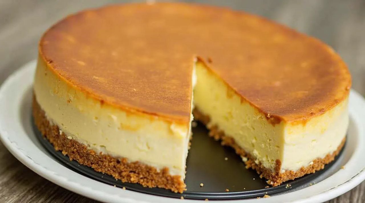 Classic New York Cheesecake with a rich, creamy texture and buttery graham cracker crust, beautifully plated for a delicious dessert experience.